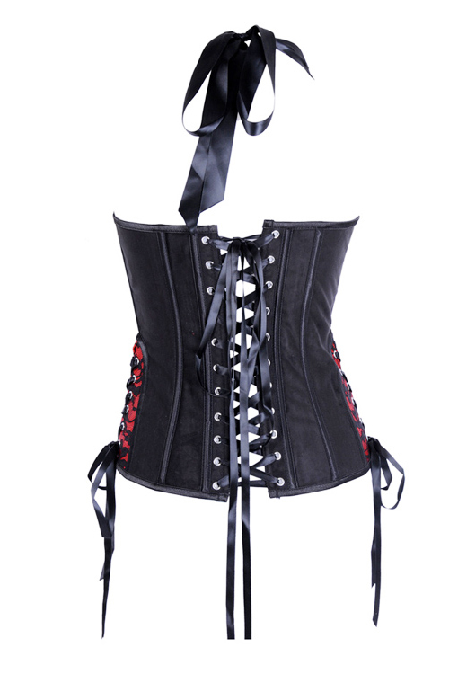 Red And Black Halter Style Corset With Lace Overlay Lace Up Sides And