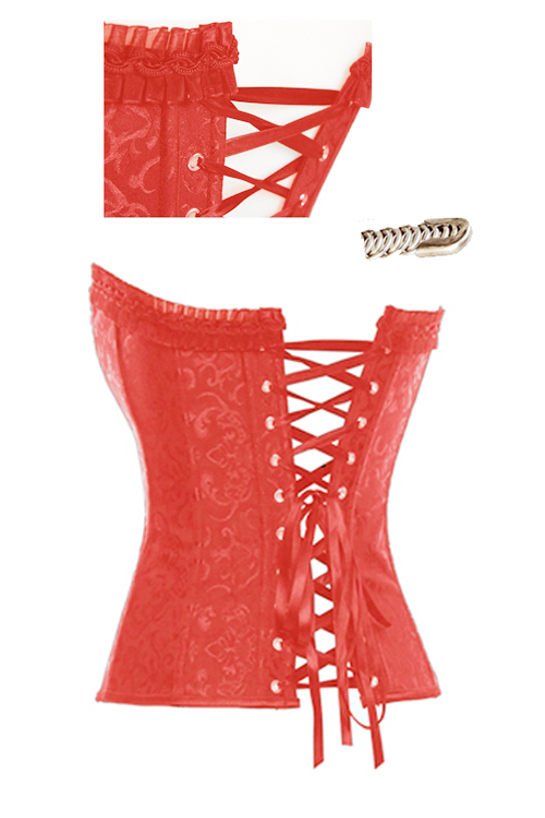 Red Steel Boned Overbust Corset With Floral Jacquard Print And Satin