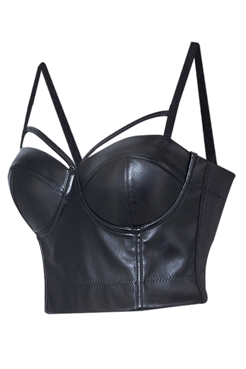 Black Faux Leather Push Up Bra Tops Tank Bralette 5185