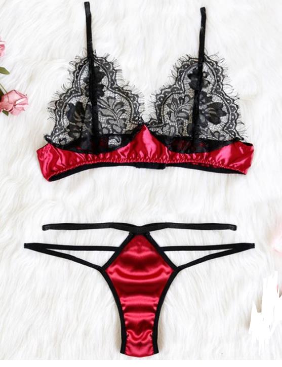 Red Honeymoon Eyelash Lace Thongs Set