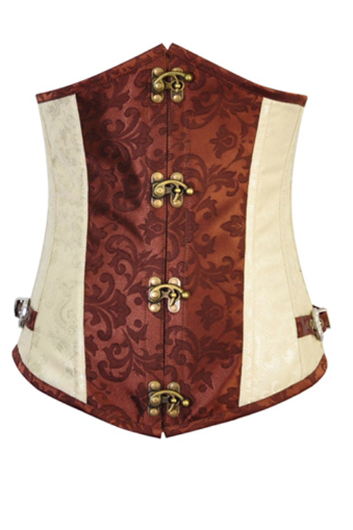 Cream and Brown Underbust Corset With Floral Print, Buckle Accents ...