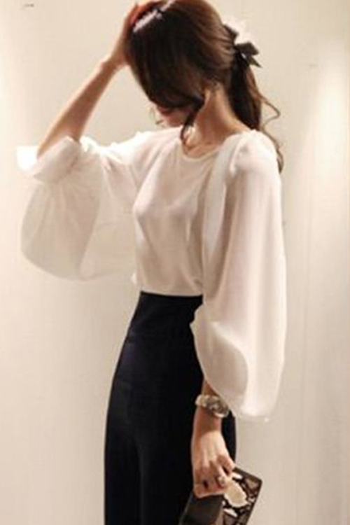 Chic White Shirt Featuring Wide Bishop Sleeves and Button Cuffs