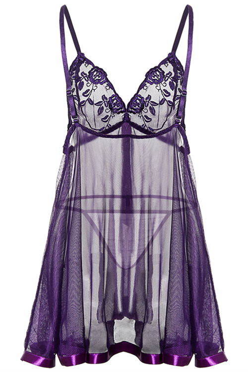 Sexy Purple Sheer Babydoll With Ribbon Trim, Floral Embroidery Bust ...