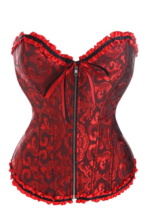 Dark Red Victorian Floral Brocade Corset With Ruffle Ribbon Trim ...